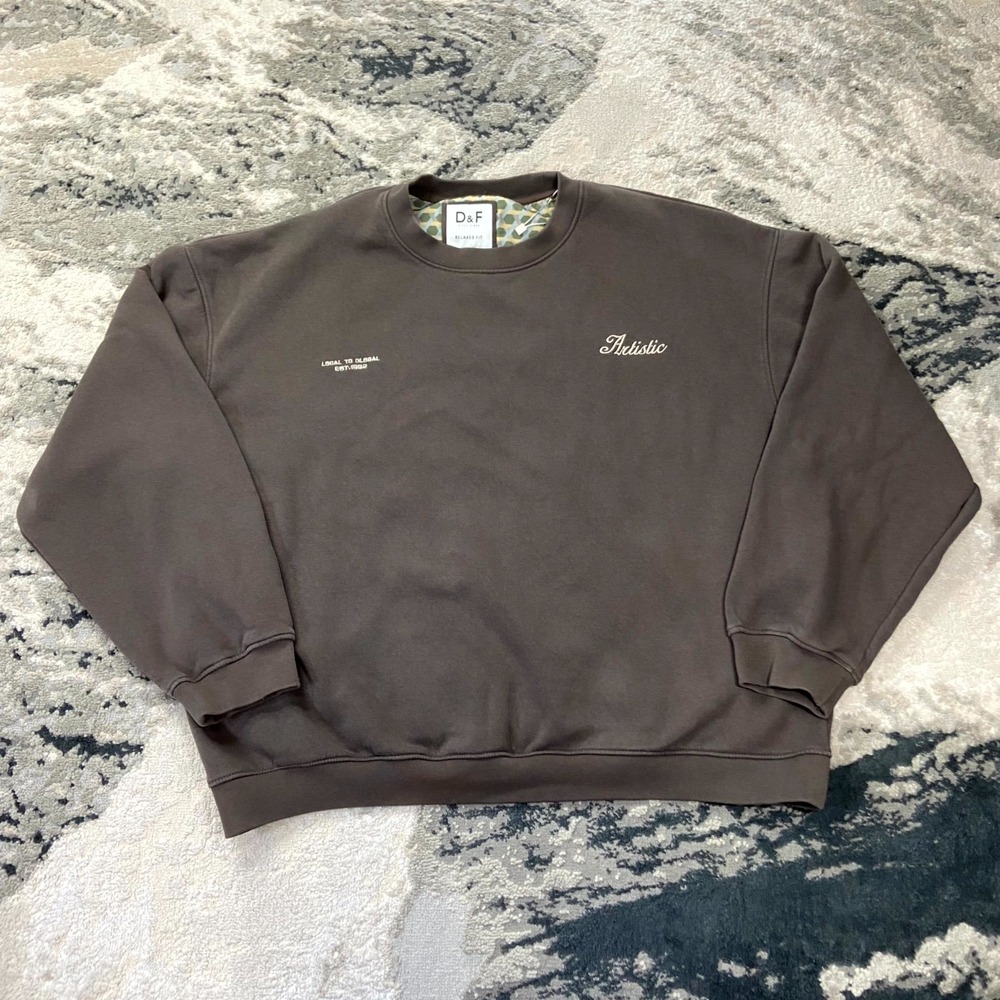 D&F Ricky Singh Artistic Sweatshirt Mens XL Brown Spell Out Fleece Lined Relaxed